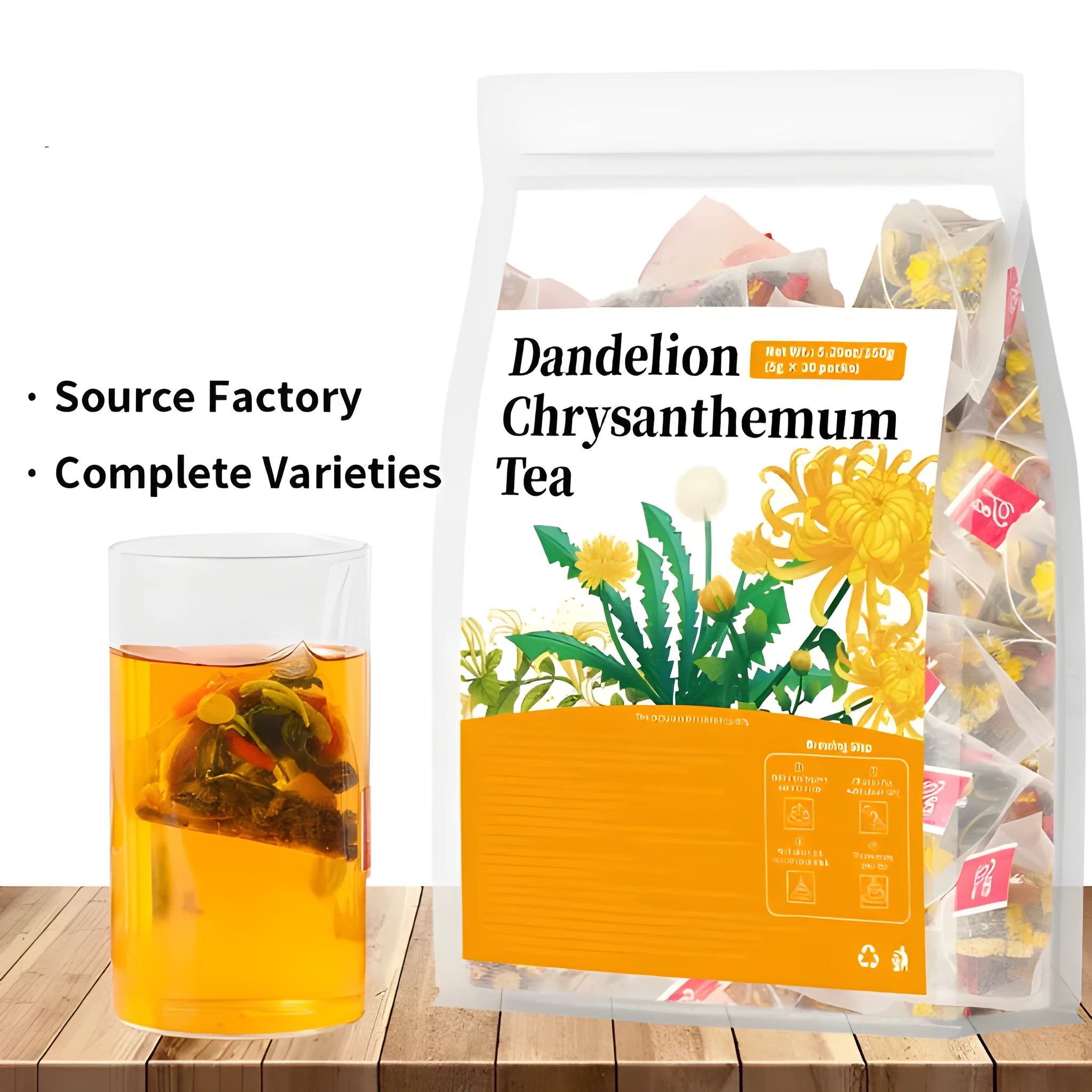 Dandelion Chrysanthemum herbal loose leaf tea blend in a bowl with a spoon