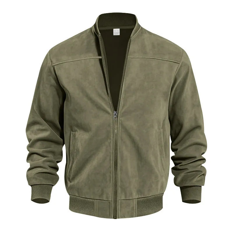 Men's casual plus-size suede zip jacket in Army Green shown on a model.