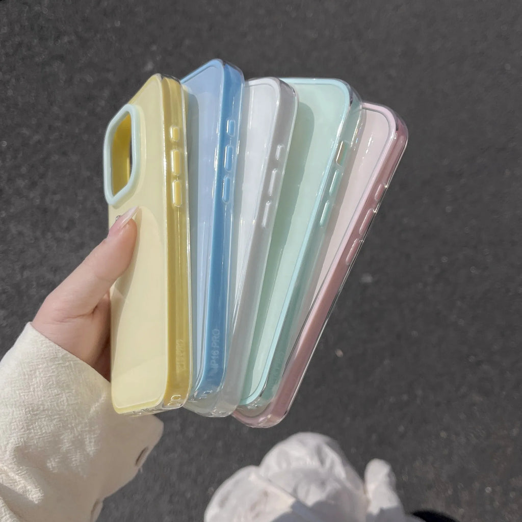 Transparent jelly solid colour TPU iPhone case in blue showing all-inclusive design