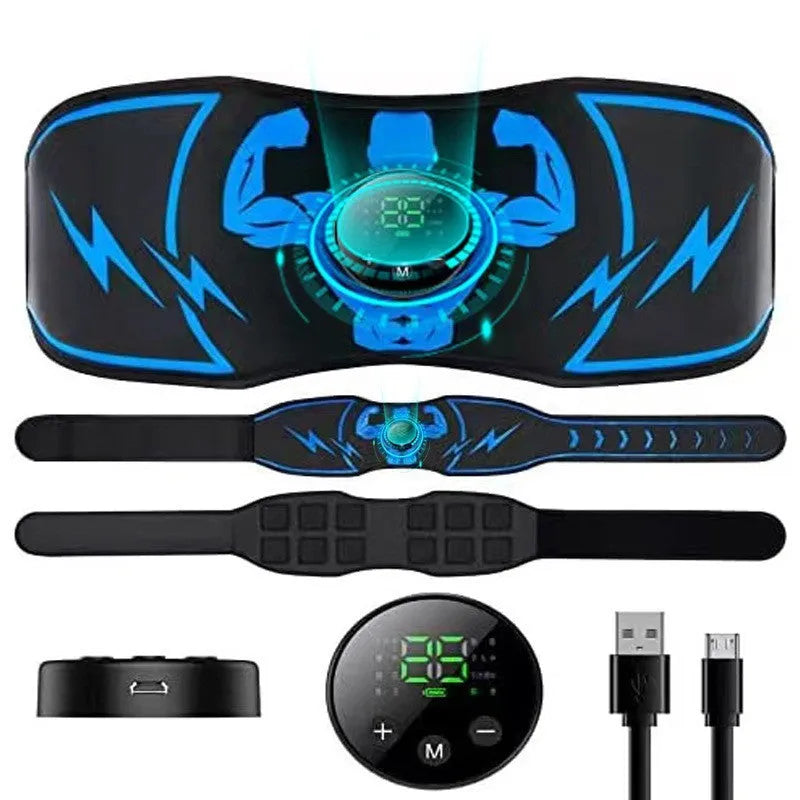 Blue EMS fitness belt with wireless remote control and abdominal sticker pads set on a white background