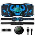 Blue EMS fitness belt with wireless remote control and abdominal sticker pads set on a white background
