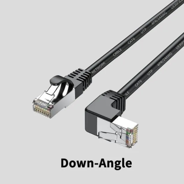 Coloured Cat6 Ethernet cable with a right-angled metal RJ45 connector plug in a choice of four orientations.