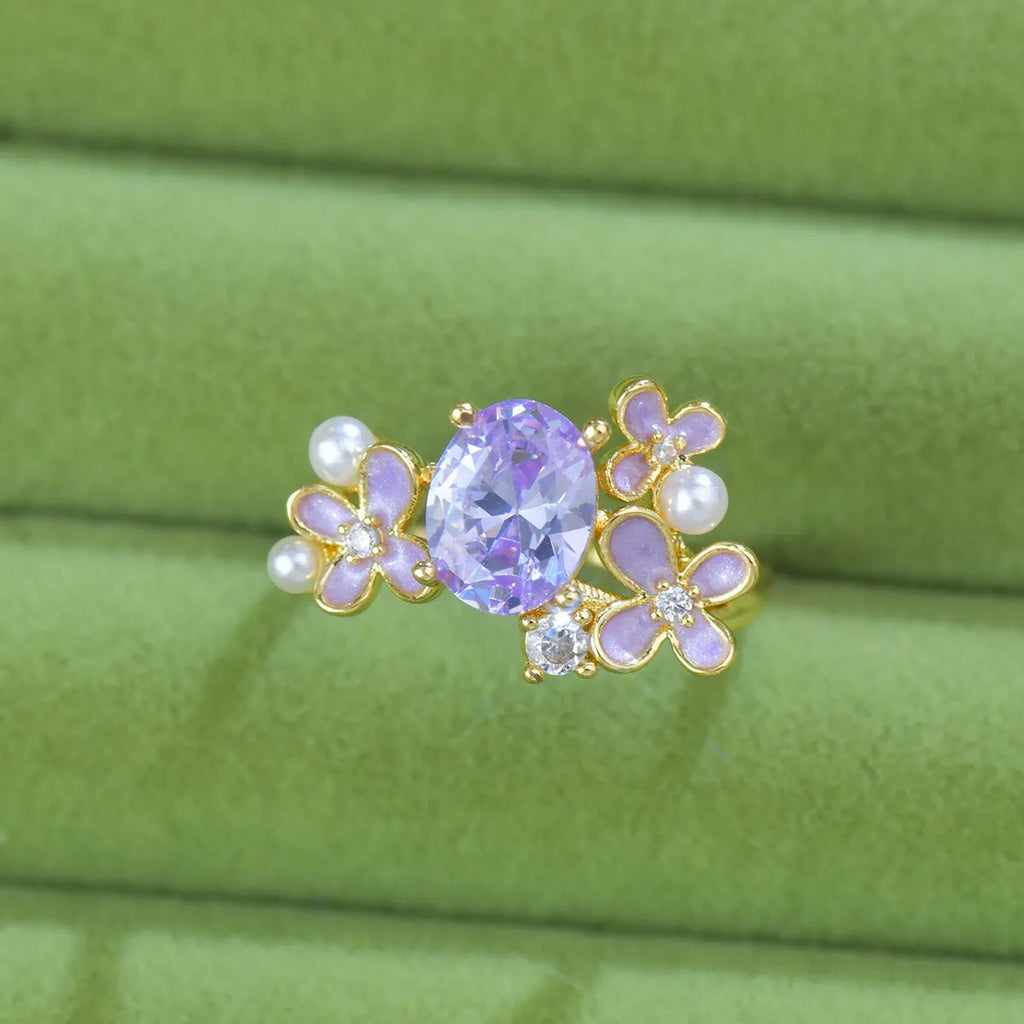 Flower pearl zircon open ring in yellow or light purple with floral design and adjustable opening