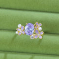 Flower pearl zircon open ring in yellow or light purple with floral design and adjustable opening