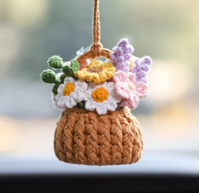 Green and white knitted car plant ornament with 8cm basin base and hanging rope for vehicle interiors
