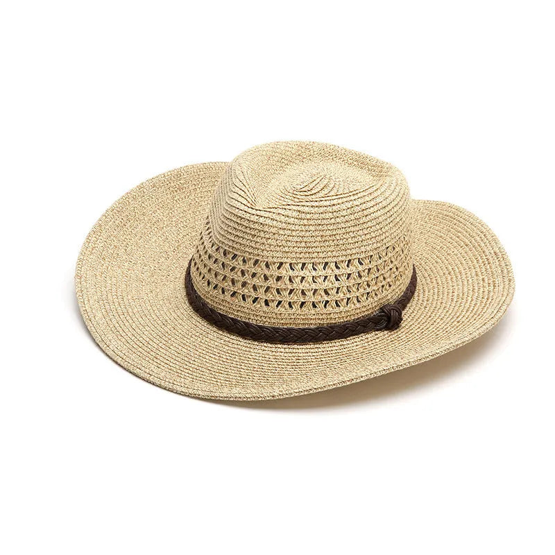 Men's foldable straw sun hat with wide brim in beige colour showing foldable design for summer outdoor use