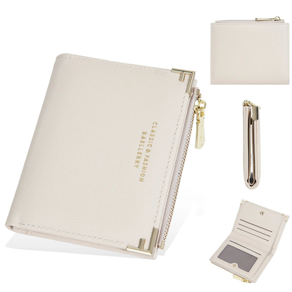 Compact pink PU leather women's wallet with multiple card slots and a zip coin purse.