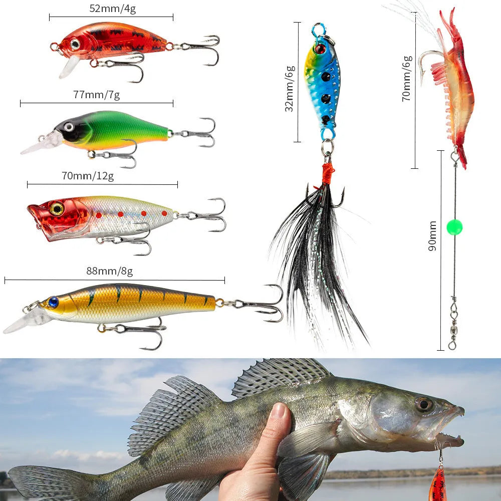 Mino Bog 24-piece metal fishing lure set inside a black plastic storage case with six compartments.