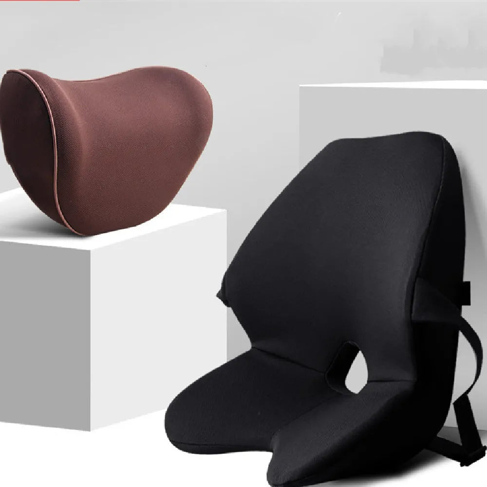 Memory foam car lumbar support cushion and optional headrest in neutral colour options.