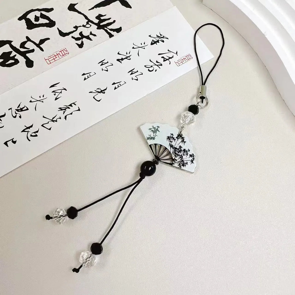 Guofeng Chinese style beaded keychain with Fan or Poetry pattern design for bag decoration.