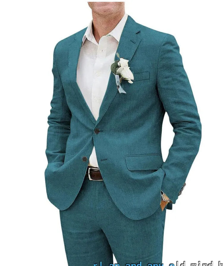 Men's linen blend two-piece suit in beige slim fit jacket and trousers