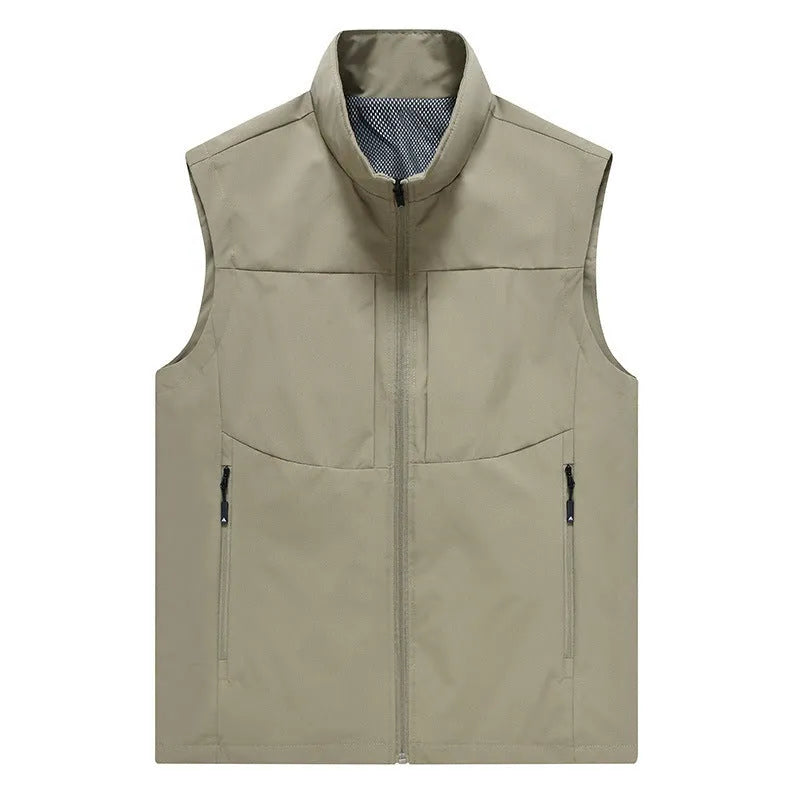 Men's loose-fit stand collar cardigan vest in polyester for outdoor leisure.