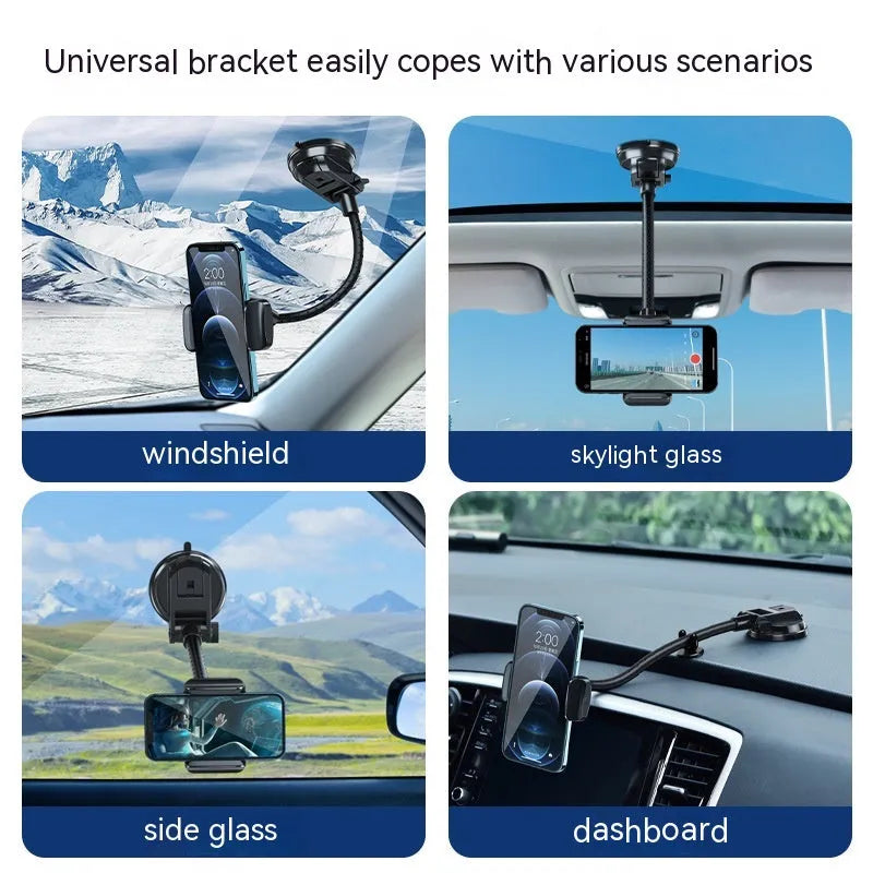Black rotating metal car phone bracket with multi-angle adjustment for universal phone mounting