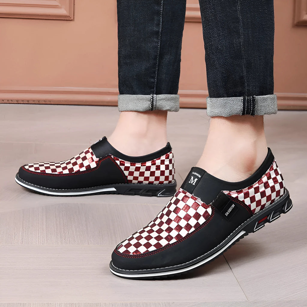 Large size men's business casual shoes with grid pattern, round toe, cloth upper, sizes 39-50, Black, Red, and White