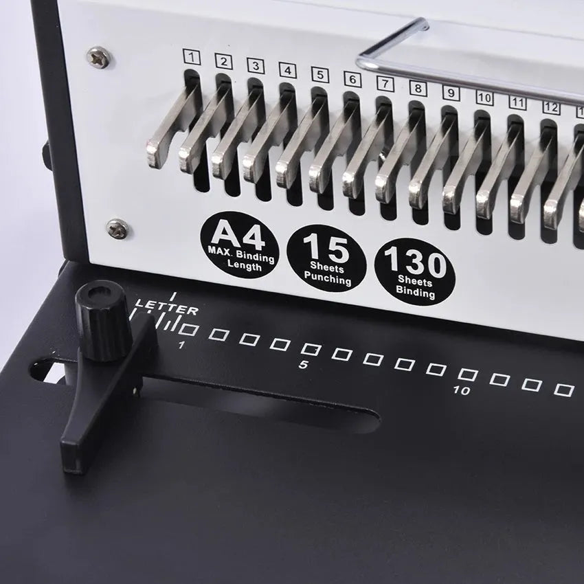 Leisheng 34-hole black manual iron ring binding machine on desk with paper