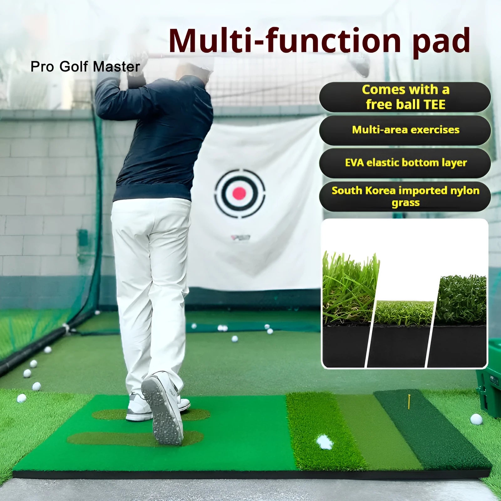 PGM multifunctional golf practice mat with plastic surface, available in 1x1.5m or 1.2x1.5m sizes