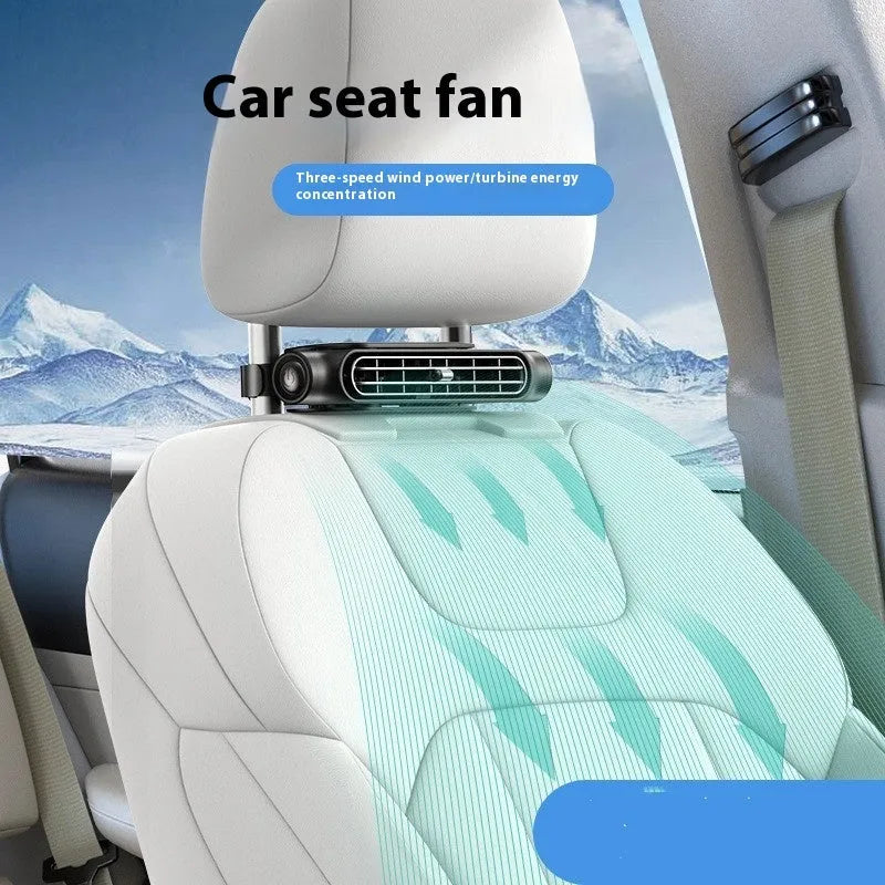 Creative New USB plug-in bladeless car fan with Velcro mount in black, white, or beige, showing manual control button.