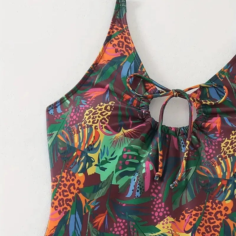 Women's one-piece printed triangle swimsuit in high-elasticity polyester, backless design, sleeveless, size S to XL
