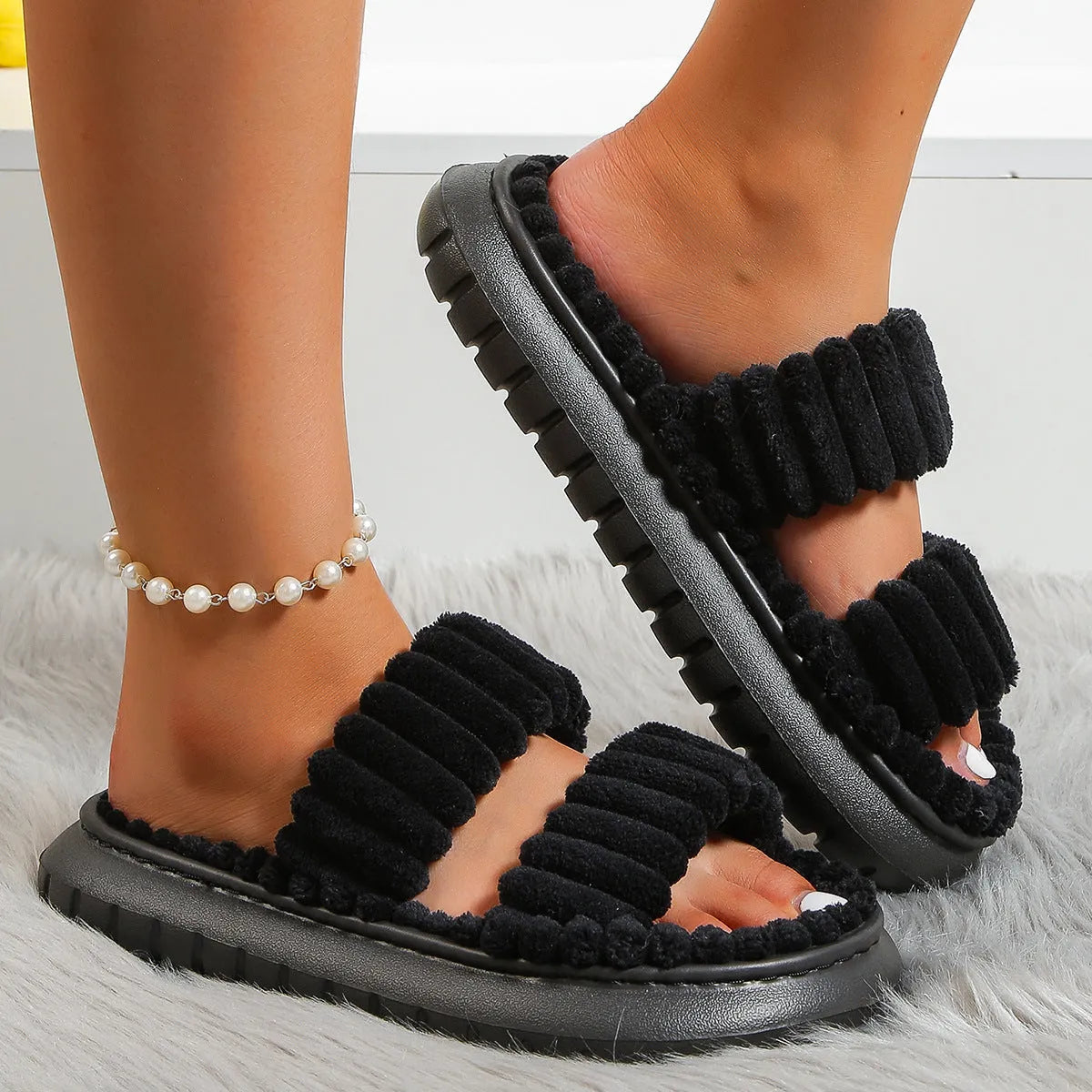 Lamb wool women's cotton slippers with plush upper and hollow out design in black