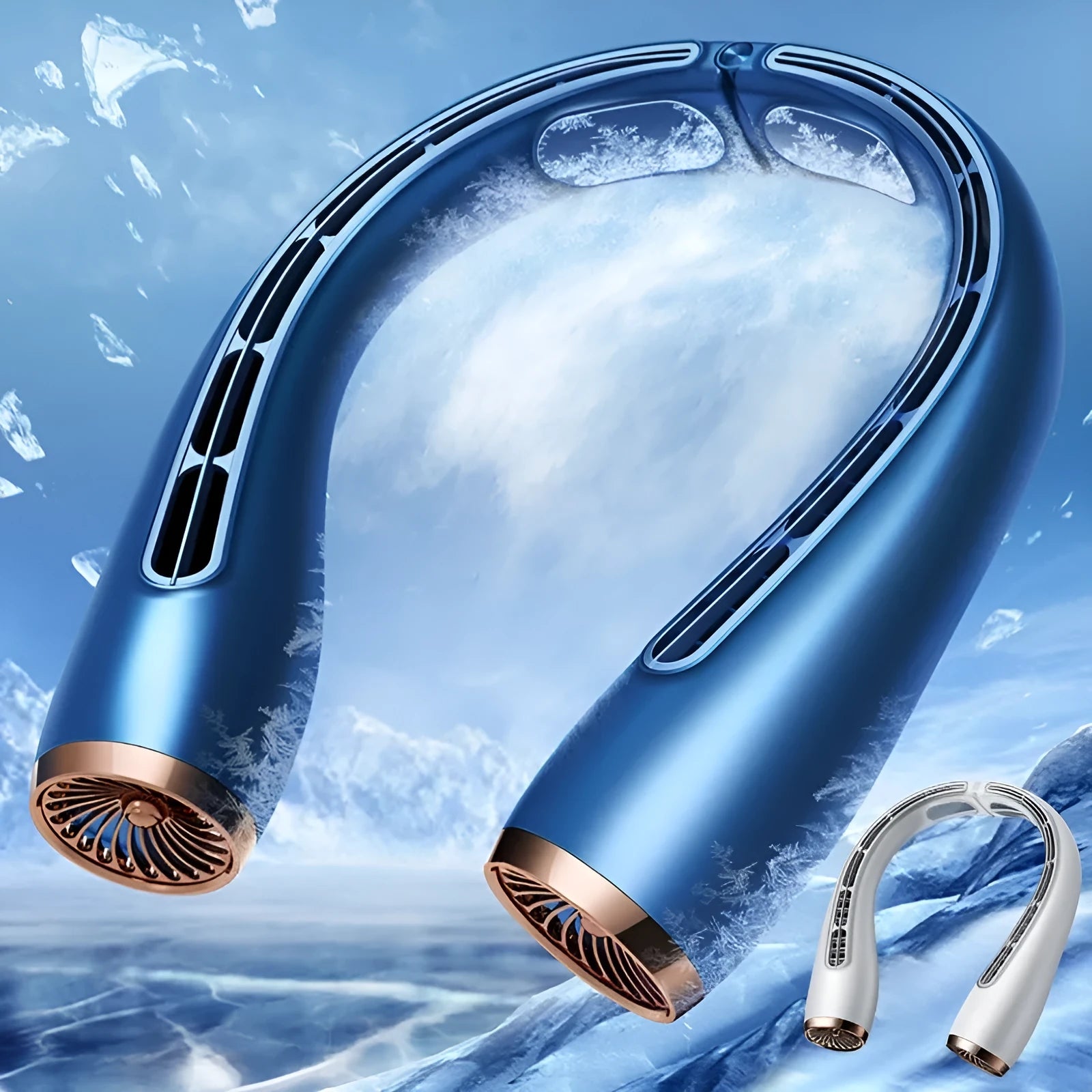 Bladeless neck fan with refrigeration and 4000mAh battery shown in blue, lightweight design for hands-free use