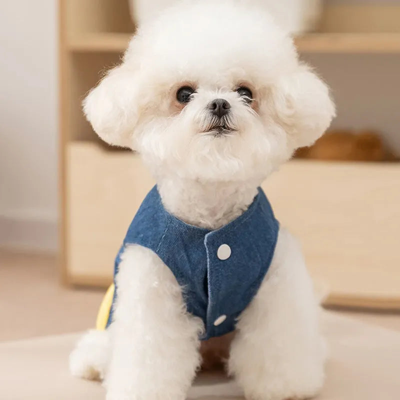 Blue 3D deer denim pet vest with polar fleece lining and leash hook for small dogs and cats