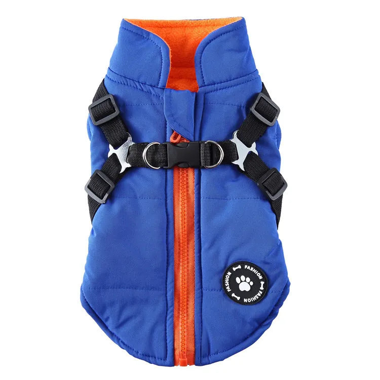 Chest strap padded dog jacket in polyester available in multiple sizes and colours