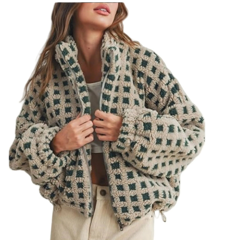 Women anti-blowing lamb wool plaid casual loose jacket, polyester fibre, multiple colour options, front view
