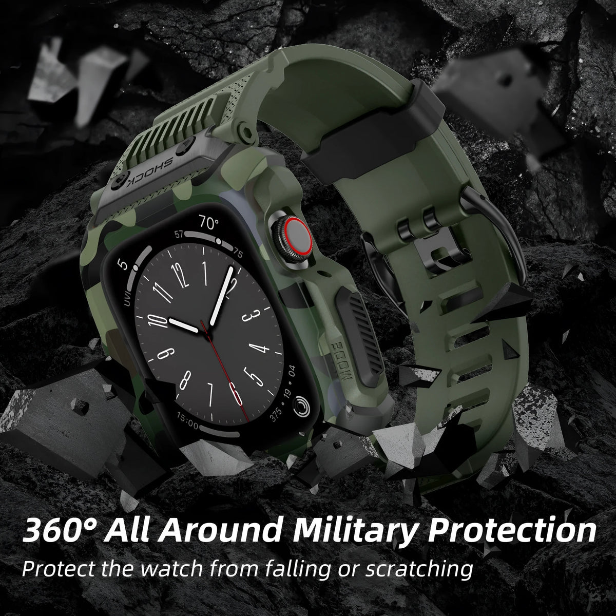 Camouflage TPU protective watch case with integrated strap for Apple Watch 42mm 44mm 45mm in black gray and green