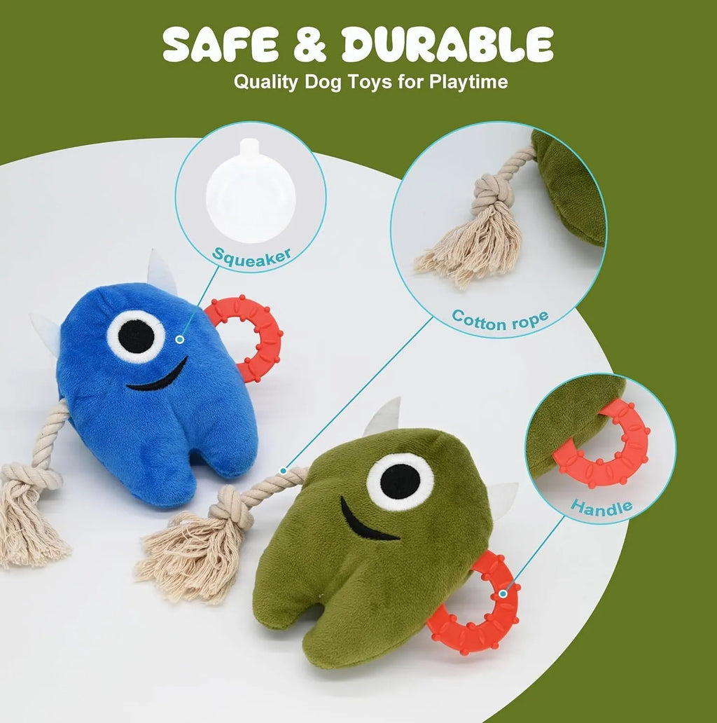 Blue and green plush dog toy with integrated cotton rope sections and a squeaker.