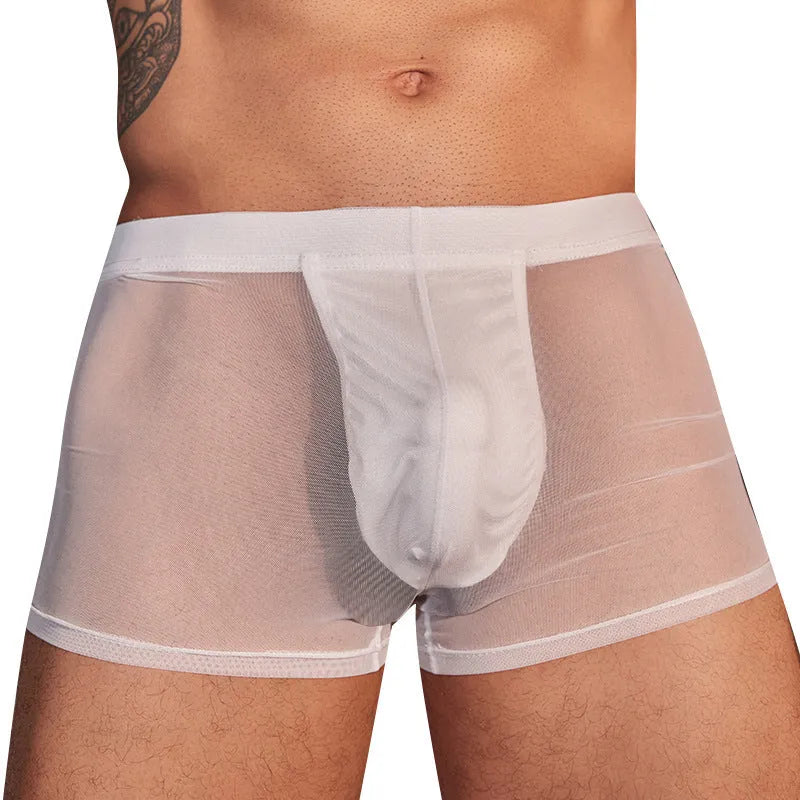 A pair of men's black ultra-thin nylon boxer briefs laid flat.