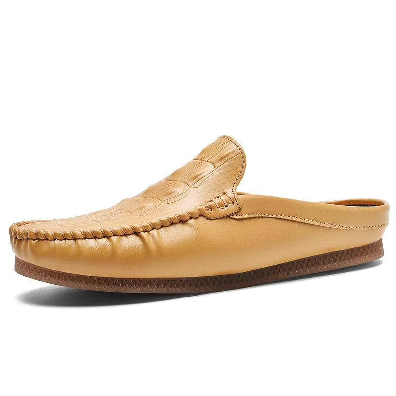 Men's black summer leisure semi-slippers with breathable design, artificial PU upper, and rubber sole.