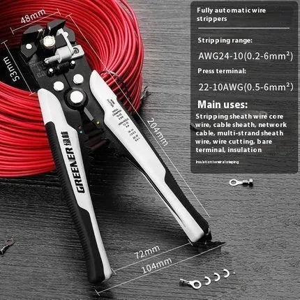 Fully automatic wire stripping pliers tool with a high carbon steel blade on a white background.