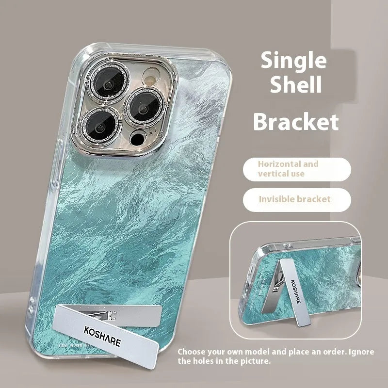 Ice blue and silver gradient hard PC iPhone case with chain and invisible bracket options