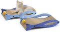 Blue fish-shaped cardboard cat scratcher with bell ball toys attached on elastic cord