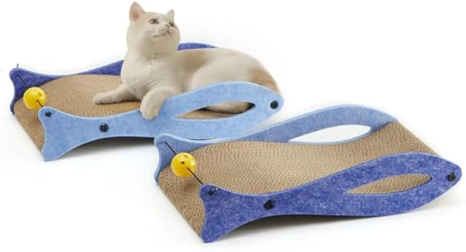 Blue fish-shaped cardboard cat scratcher with bell ball toys attached on elastic cord