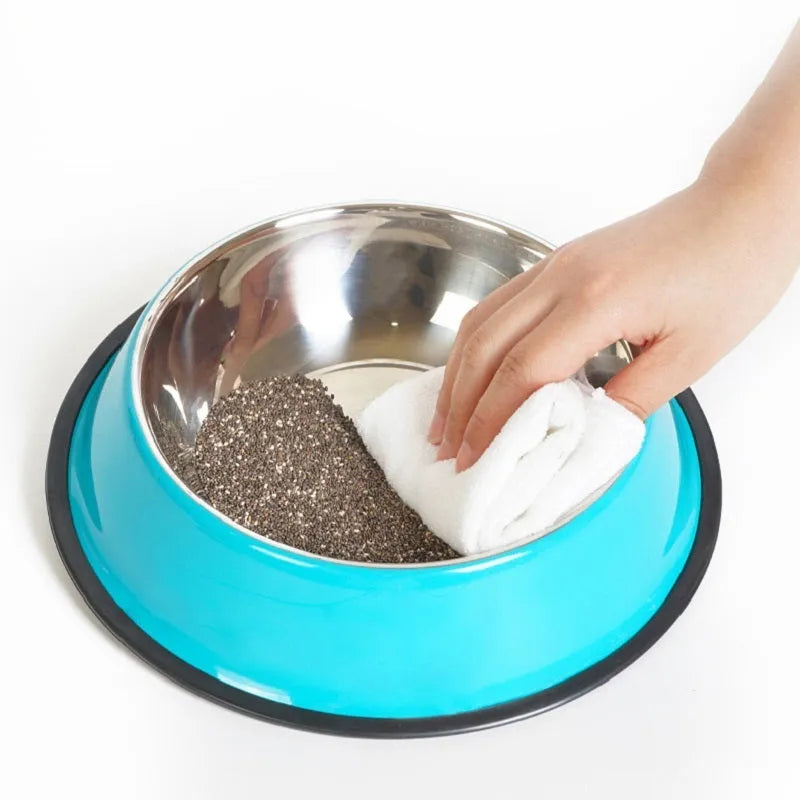 Stainless steel pet bowl with colourful melamine base in six colour options