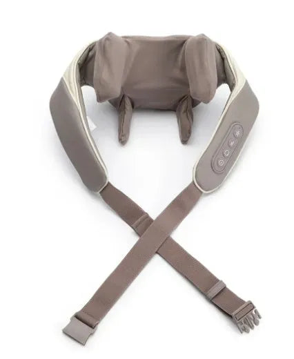 Milky white rechargeable shoulder and neck cervical massager with USB cable.