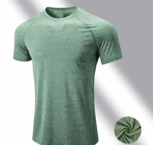 Men's tight stretch casual short sleeve t-shirt in black, gray, green, or pink colours with round neck design