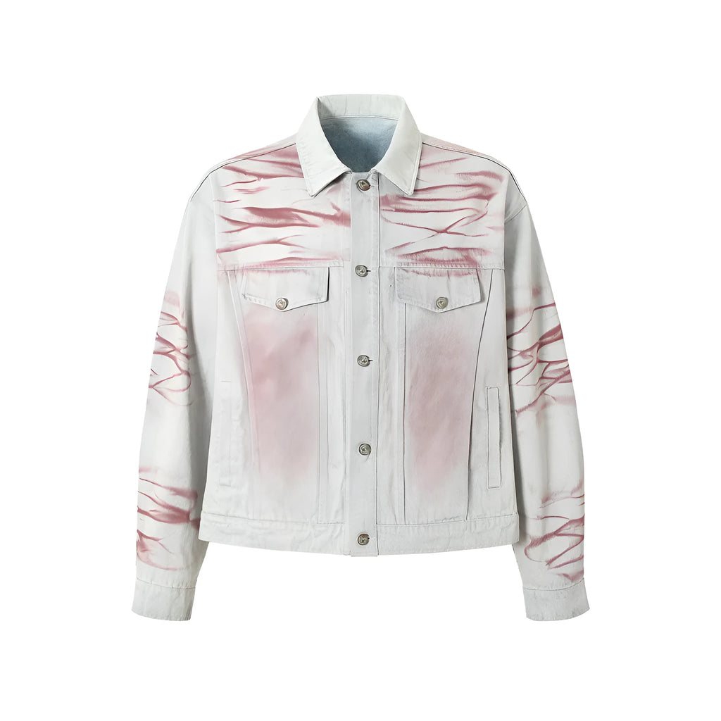 Blue inkjet tie-dyed loose-fit denim jacket for men with long sleeves and straight hem