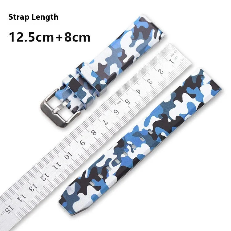 Green camouflage silicone watch strap showing flat head design and buckle.