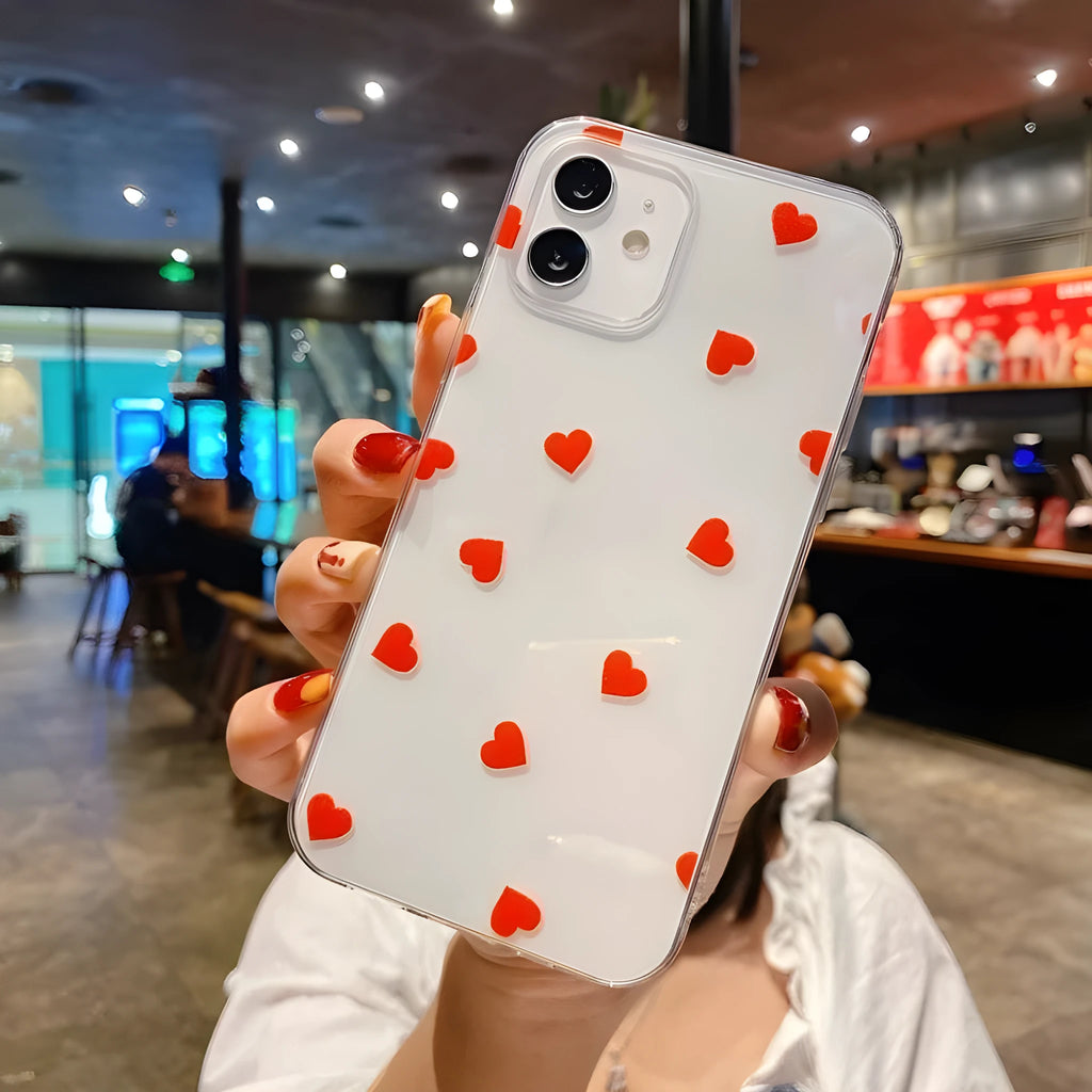 Transparent TPU phone case with UV printed love pattern for iPhone showing shock-absorbing edges
