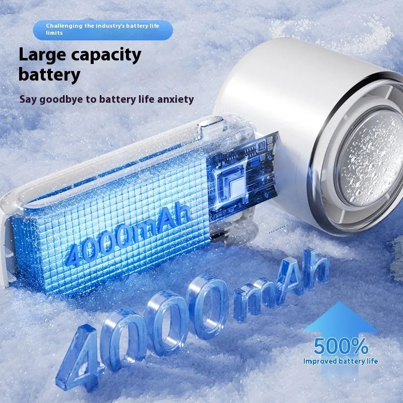 Handheld electric fan with folding design in blue colour showing USB charging port and speed adjustment buttons
