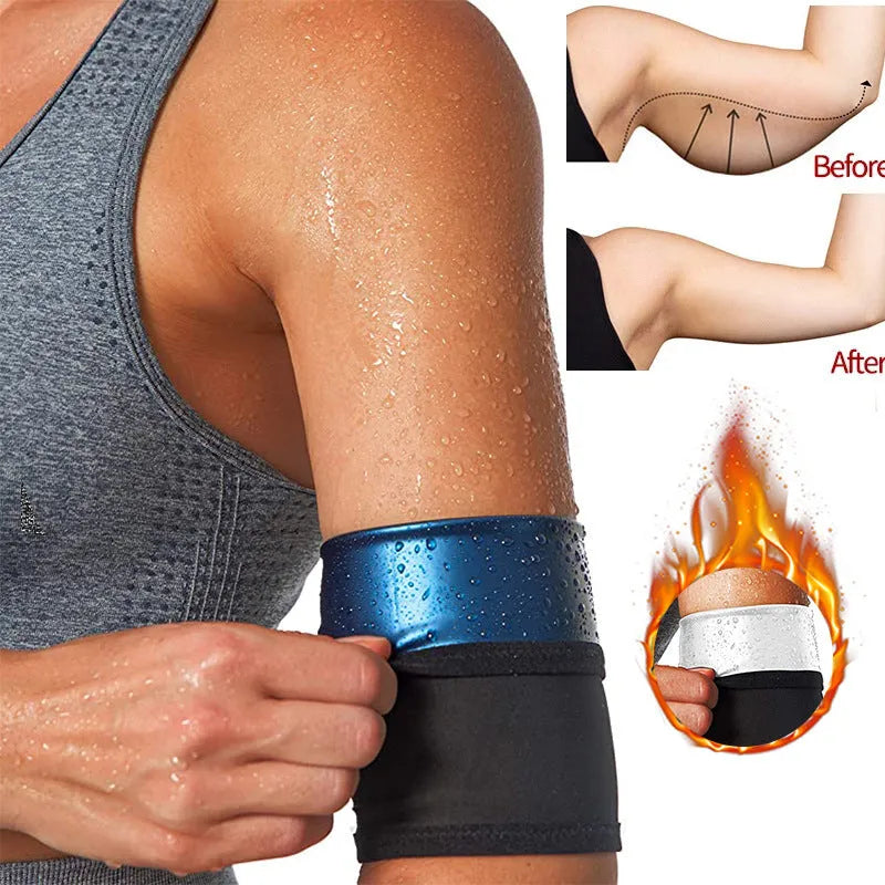 Adjustable arm sweatband in blue on a gym background, showing the binding strap.
