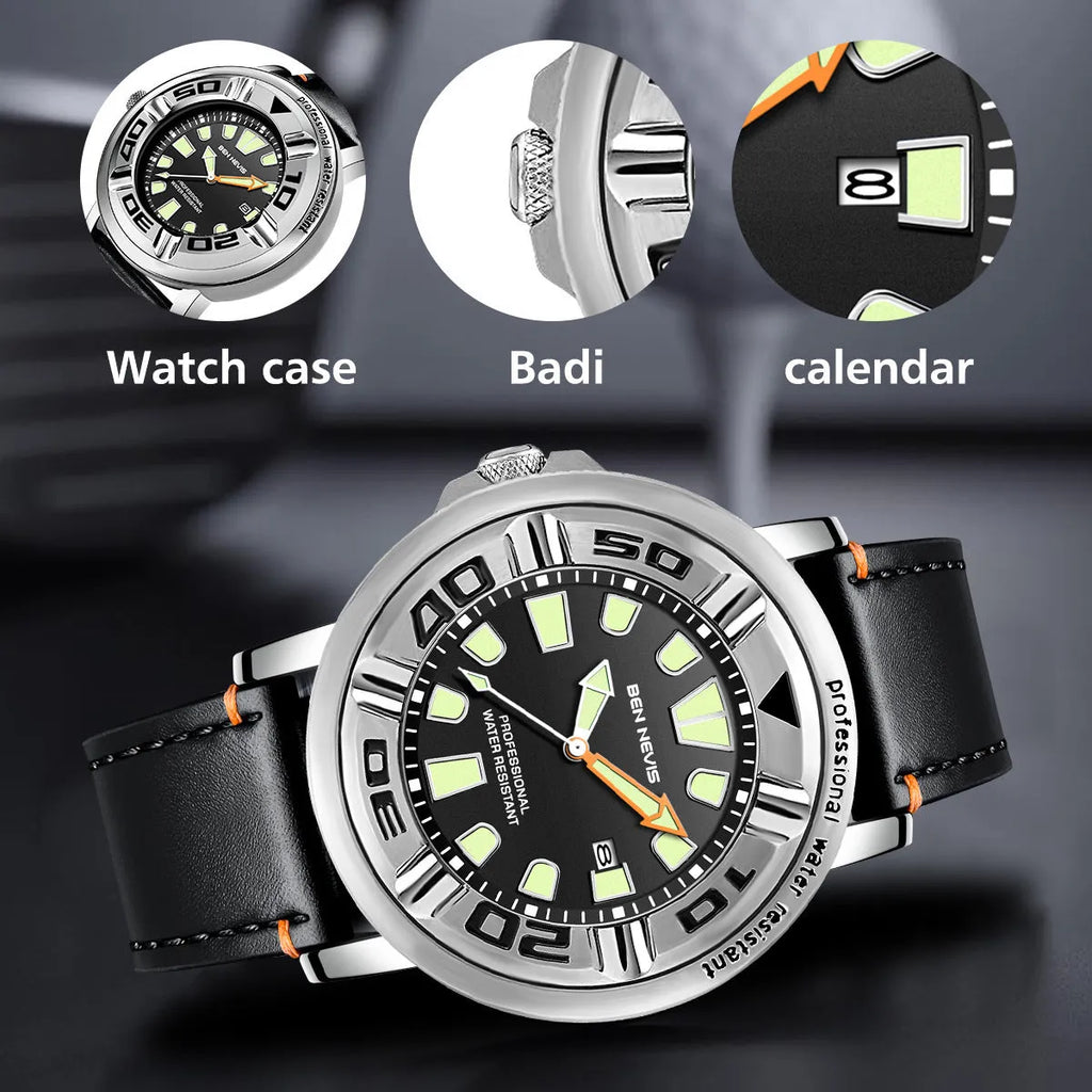Business men's quartz watch with blue dial, 48mm, luminous hands, and calendar display