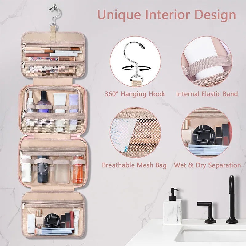 Women's hanging storage cosmetic bag in waterproof polyester, black or pink solid colour, dimensions 30.5cm
