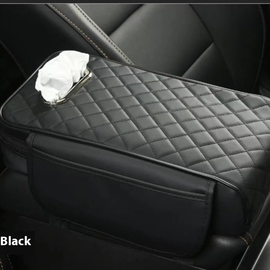 Universal car armrest box cushion in leather with built-in tissue buggy bag