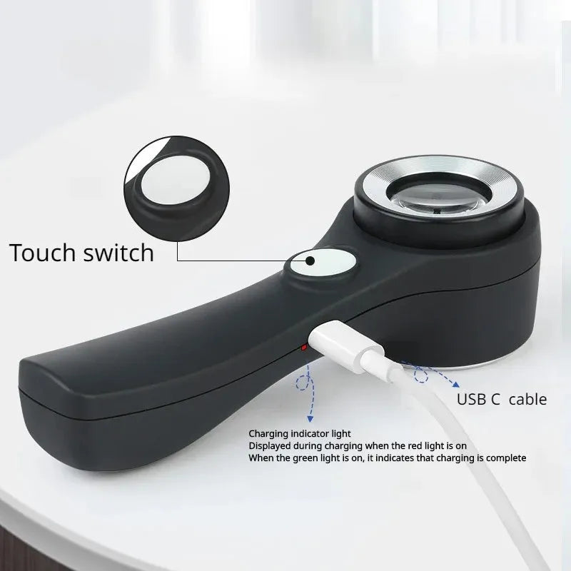 Black or silver rechargeable magnifying glass with optical glass lens and USB-C cable for appraisal work.