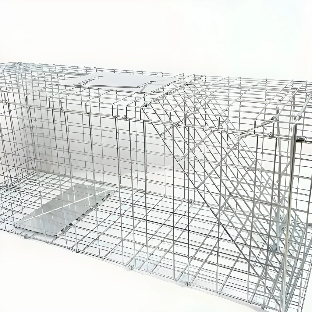 Fully automatic foldable galvanized steel cat trap cage with pedal mechanism, black finish, 60x20x18cm size