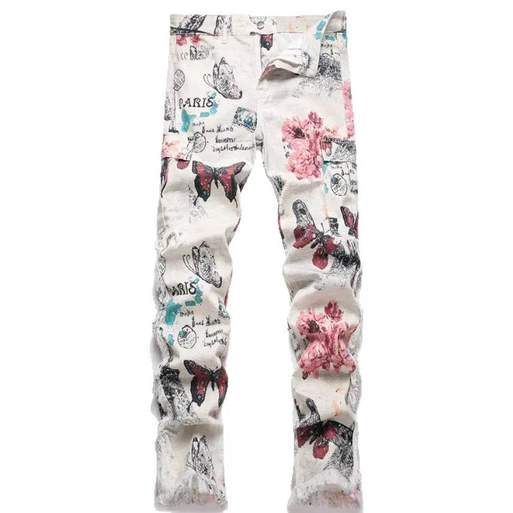Men's slim fit animal digital printed denim trousers in cotton, mid waist, zip closure