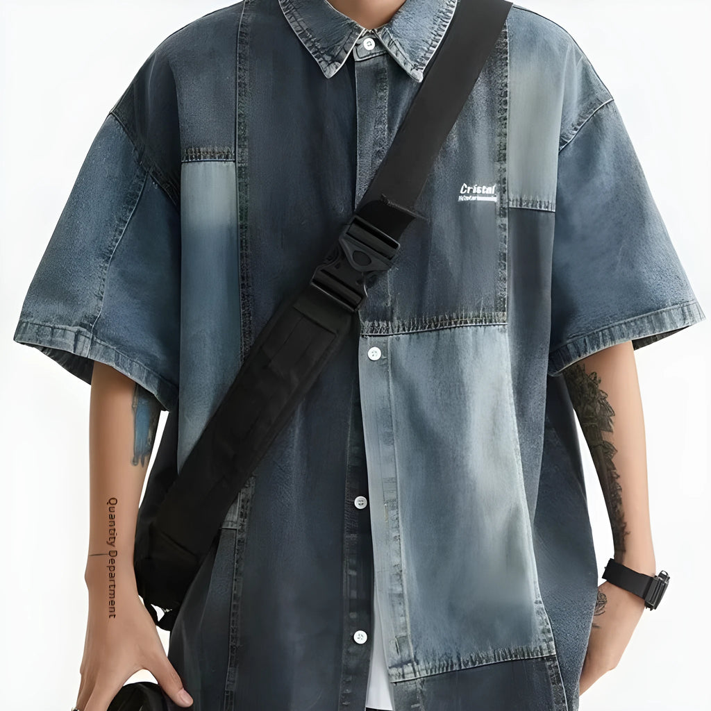Blue men's loose-fit denim shirt with Japanese retro washed stitching, shown open in a cardigan style.